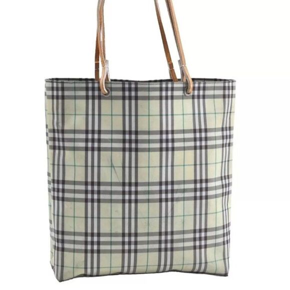 Authentic BURBERRY Check Nylon Leather Shoulder Tote Bag Yellow Green K8189 - Picture 1 of 15